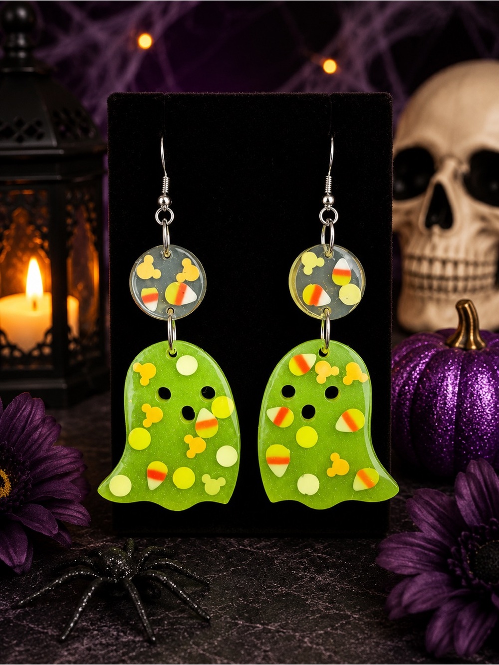 Green Ghost Halloween Dangle Earrings